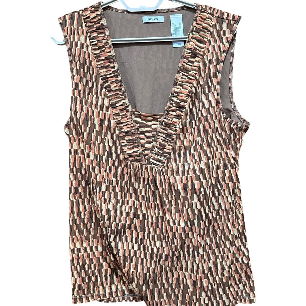 Liz Co Tank Top XL Brown Geometric VNeck Career Sleeveless Earthy Grunge Capsule